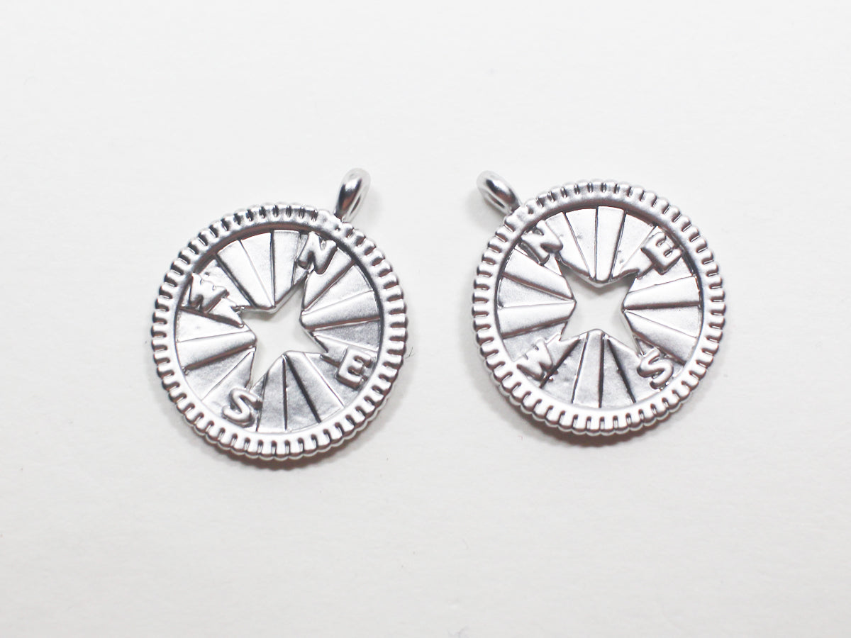 [P0909]2pcs/Vintage Compass Pendant/Brass/Matte Rhodium/18.5x15.3mm