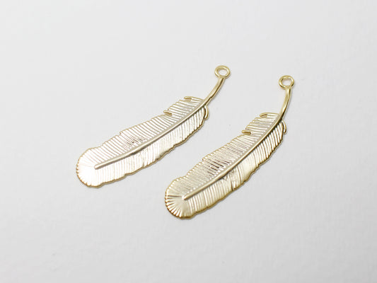 [P0915]2pcs/feather Pendant/Brass/Matte Gold/30.3x7mm