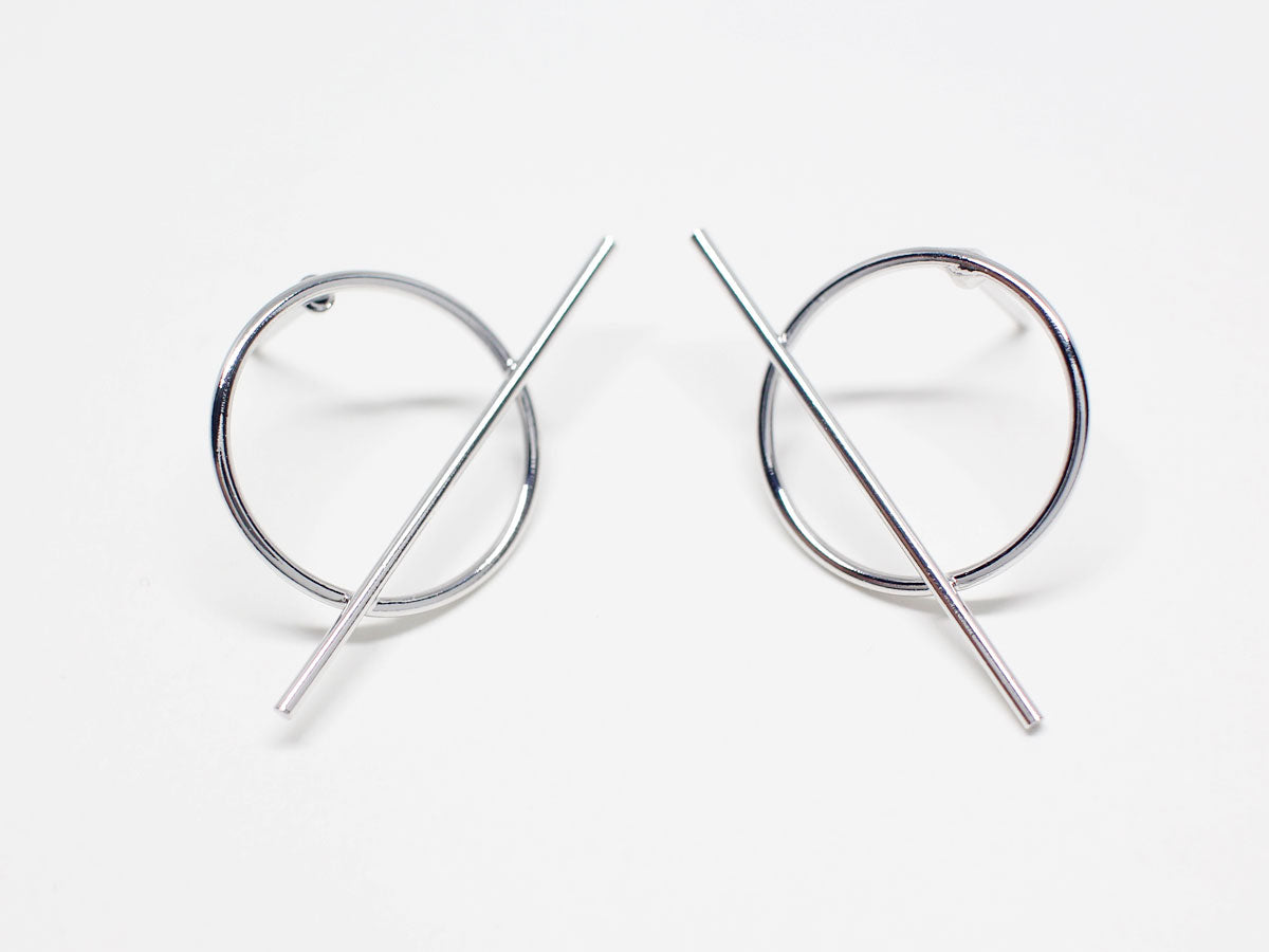 [E0297]/1 pair/Geometrical Circle Bar Earrings/Brass/Rhodium plated/16.7mm circle ,30mm Bar