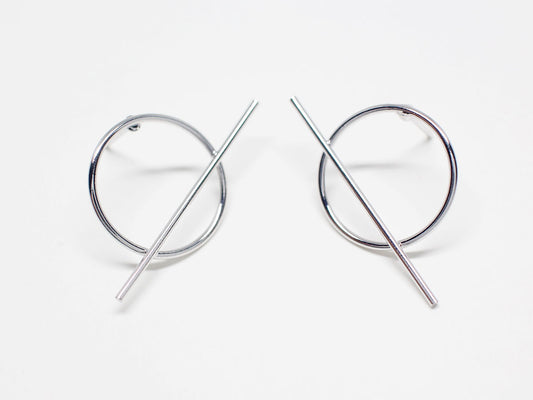 [E0297]/1 pair/Geometrical Circle Bar Earrings/Brass/Rhodium plated/16.7mm circle ,30mm Bar