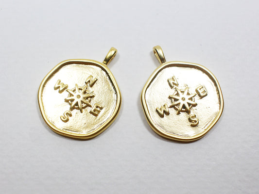 [P0926]2pcs/Vintage Coin Compass Pendant/Brass/Matte Gold /18.5mm