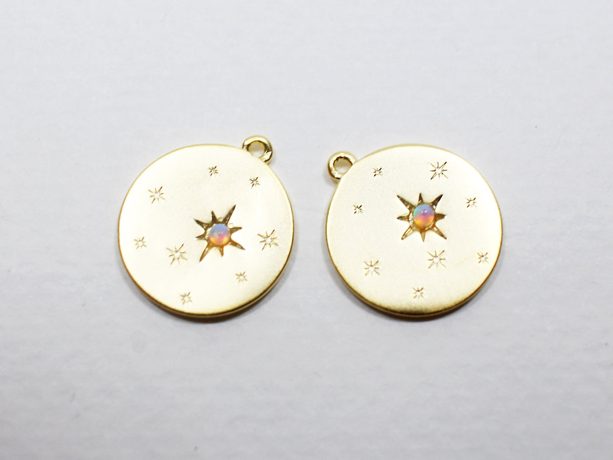 [P0927]2pcs/Opal Solar System Pendant/Brass/Matte Gold /14mm