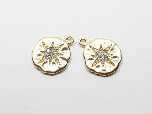 [P0929]2pcs/Vintage Circle Cubic Star Pendant/Brass/Matte Gold /10.5mm