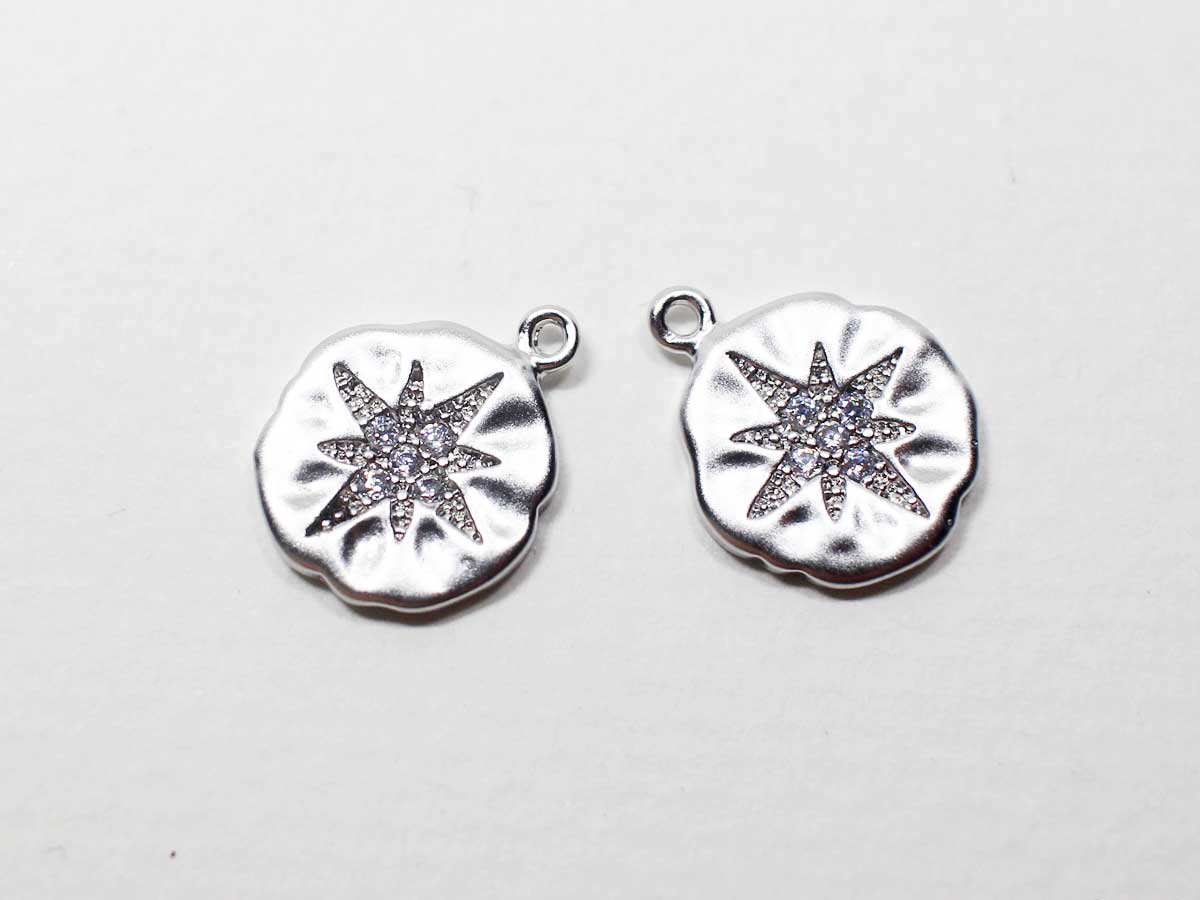 [P0929]2pcs/Vintage Circle Cubic Star Pendant/Brass/Matte Rhodium /10.5mm