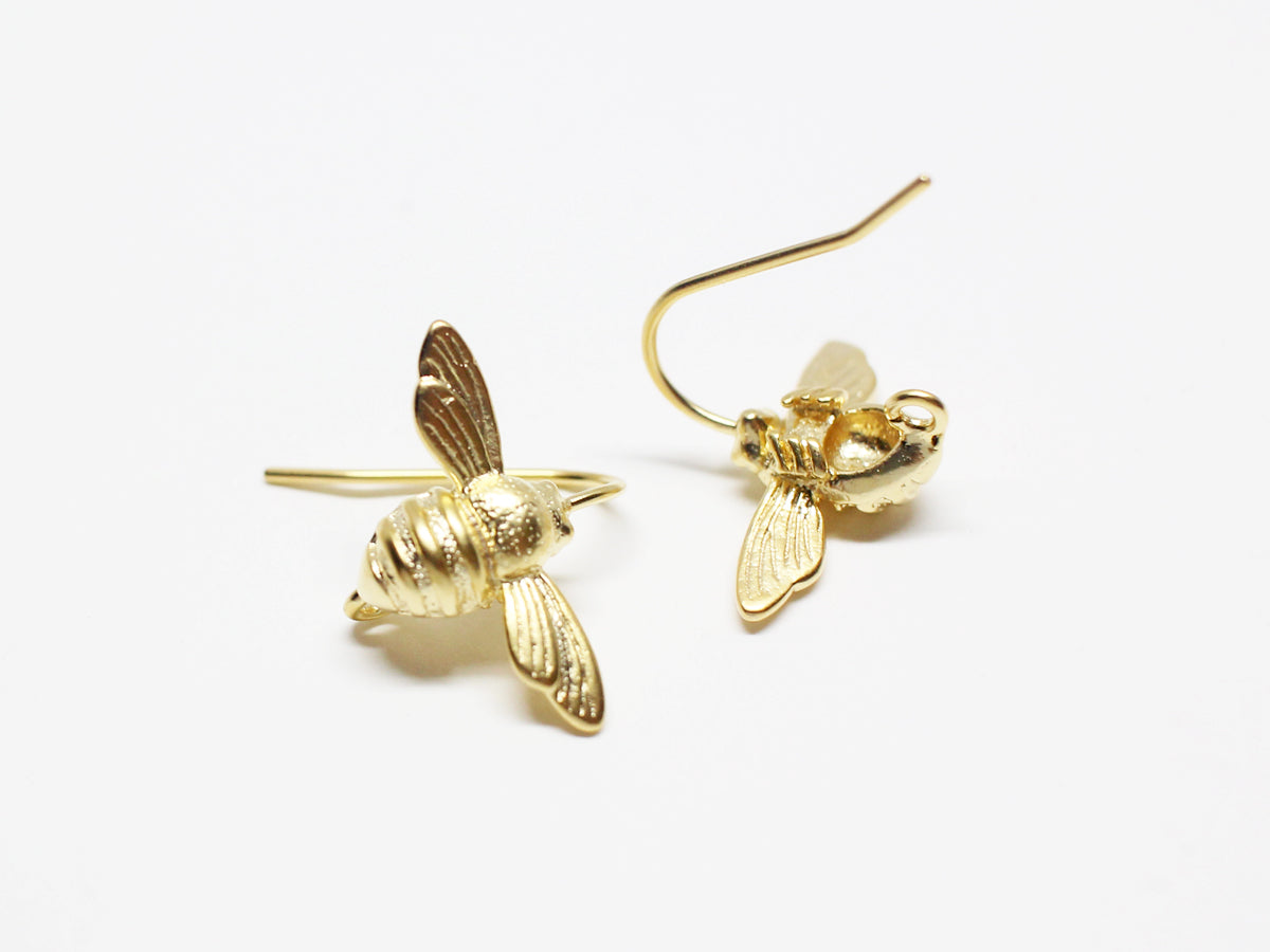 [E0322]/1 pair/Mini Bee Ear Hook/Brass/Matte Gold plated/10x18mm