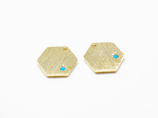 [P0944]2pcs/Brushed Hexagon Turquoise Pendant/Brass/Gold/11.2x9.8mm