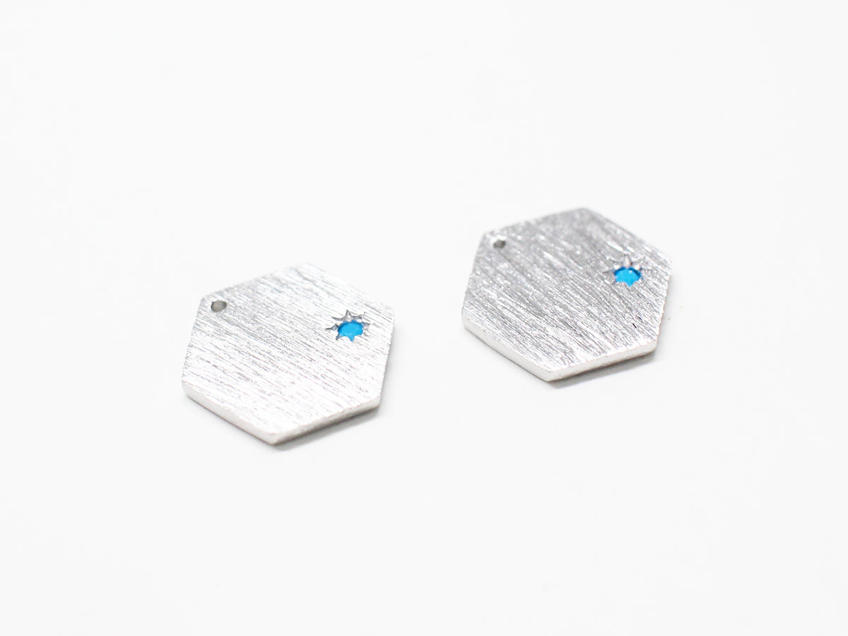 [P0944]2pcs/Brushed Hexagon Turquoise Pendant/Brass/Rhodium/11.2x9.8mm