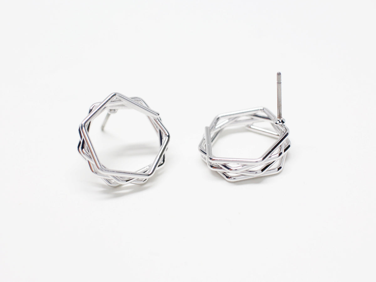 [E0328]/1 pair/Layered Hexagon Earrings/Brass/Rhodium plated/15.5mm