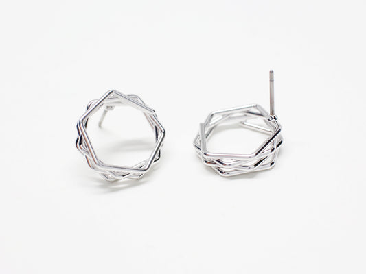 [E0328]/1 pair/Layered Hexagon Earrings/Brass/Rhodium plated/15.5mm