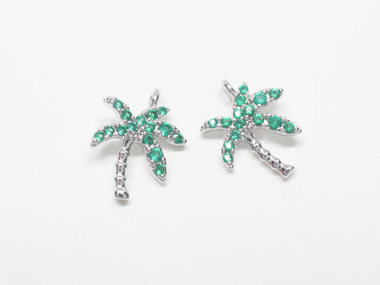 [P0950]2pcs/Emerald Cubic Palm Tree Pendant/Brass/Rhodium/10 X 12 mm