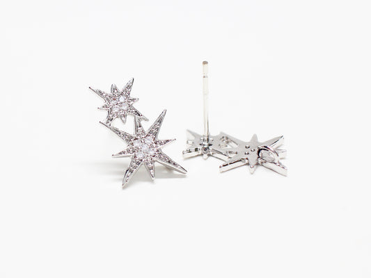 [E0331]/1 pair/Binary Star Earrings/Brass/ Rhodium plated/15.5x12.5mm