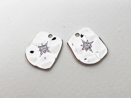 [P0963]2pcs/Hammered Rectangle Cubic Star Pendant/Brass/Rhodium/12x14mm