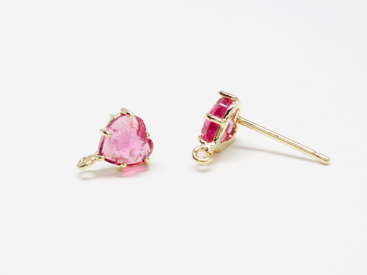 [E0335]/1 pair/Ruby Heart Bazeled Earrings/Brass/Gold plated/8x6.7mm