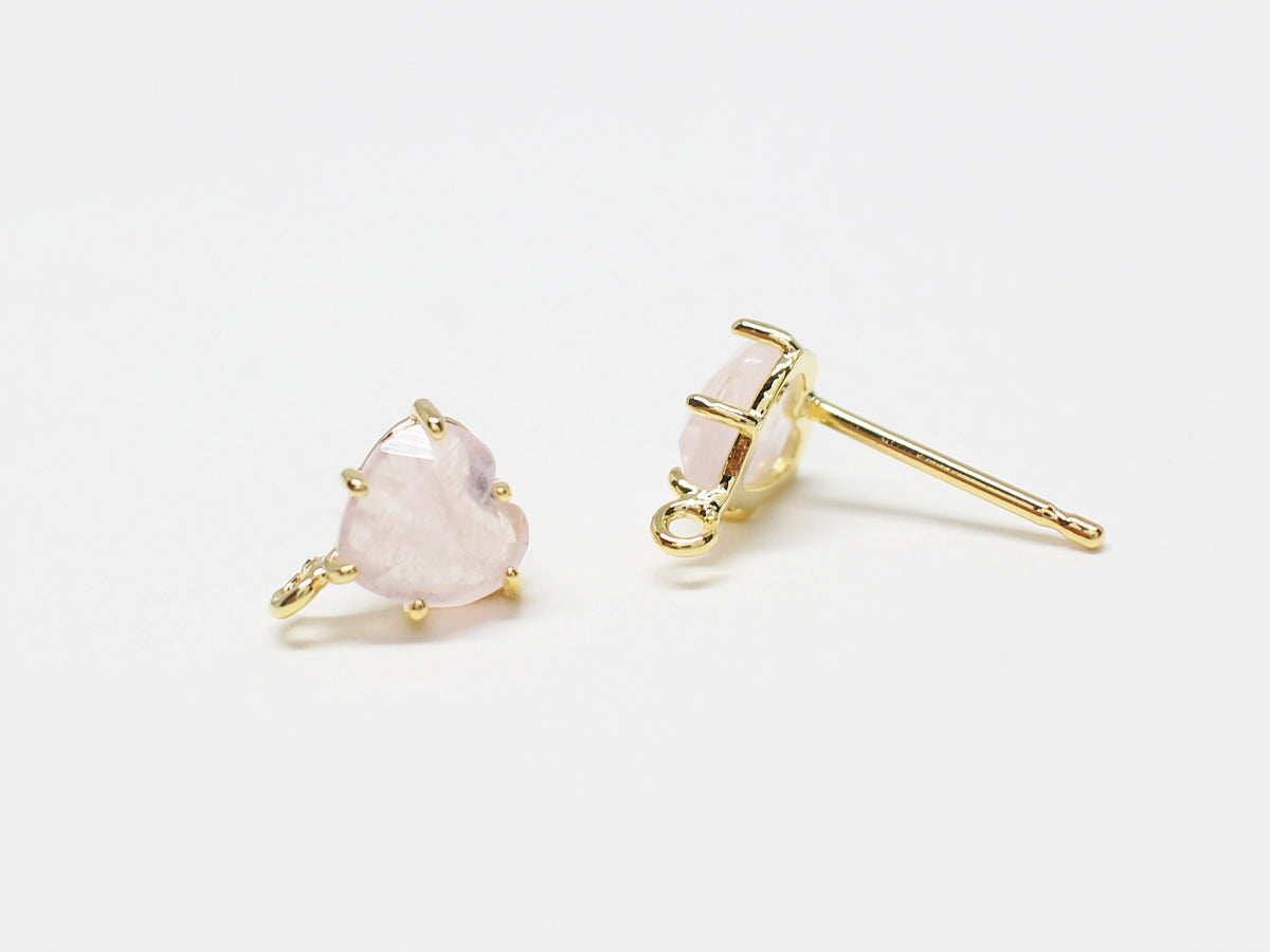 [E0335]/1 pair/Rose Quartz Heart Bazeled Earrings/Brass/Gold plated/8x6.7mm