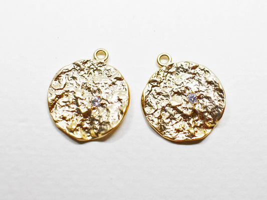 [P0973]2pcs/Wrinkled Circle Cubic Pendant/Brass/Matte Gold/14.5mm