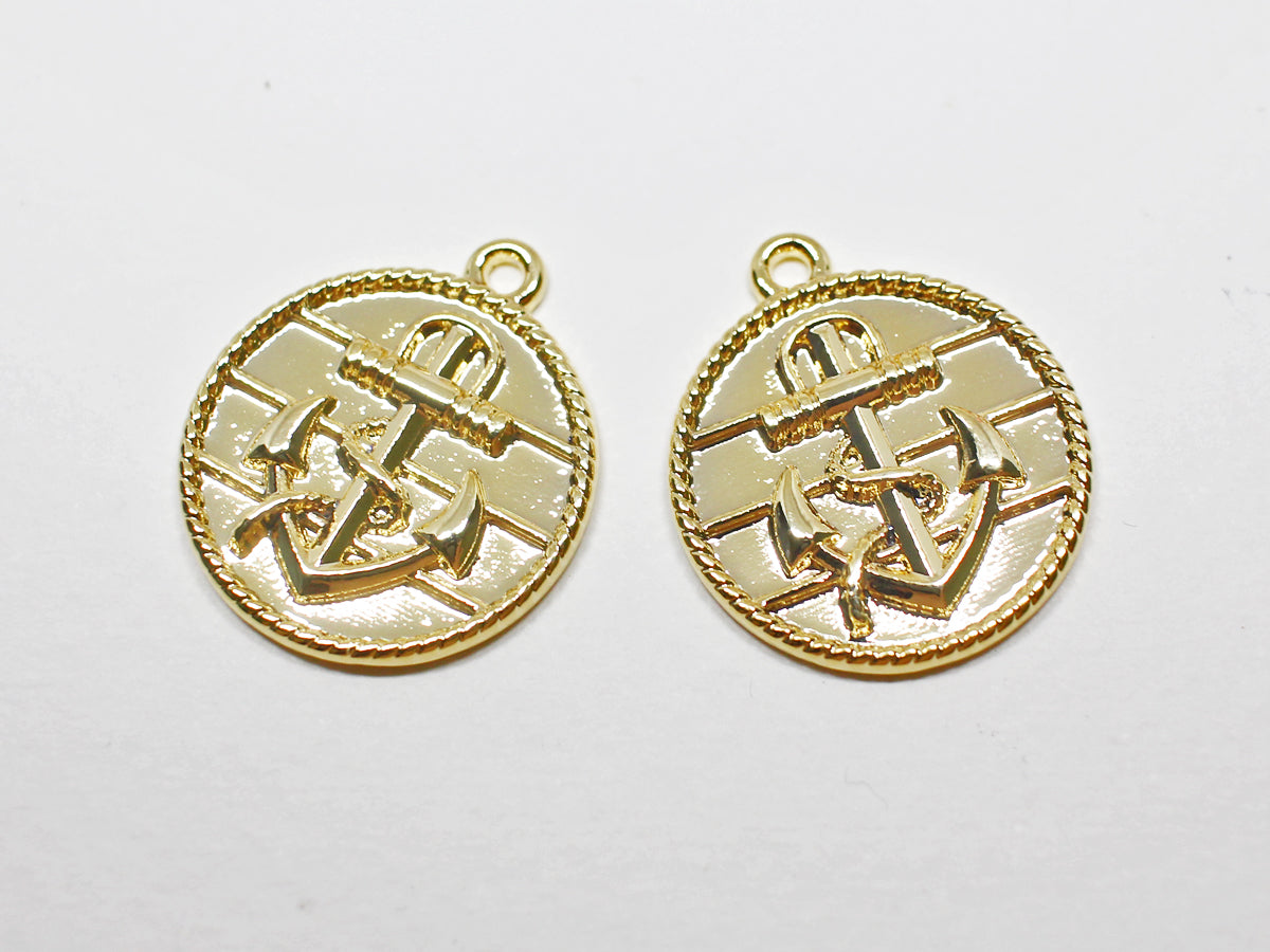 [P0976]2pcs/Large Coin Anchor Pendant/Brass/ Gold/21.5mm