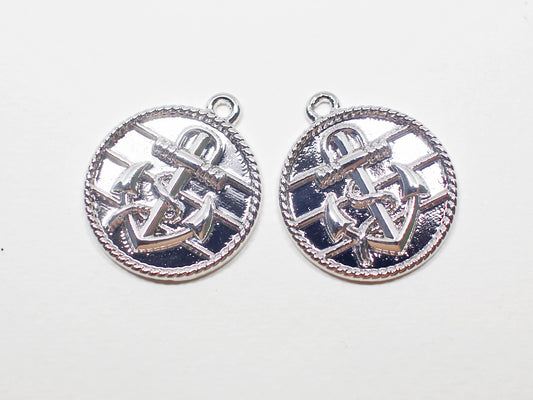 [P0976]2pcs/Large Coin Anchor Pendant/Brass/Rhodium/21.5mm