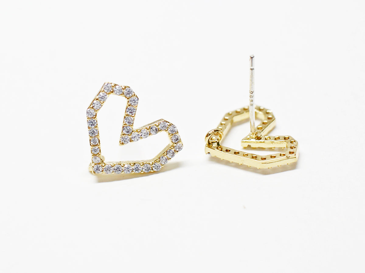 [E0340]/1 pair/Angled Cubic Heart Earrings/Brass/Gold plated/13.5x12mm