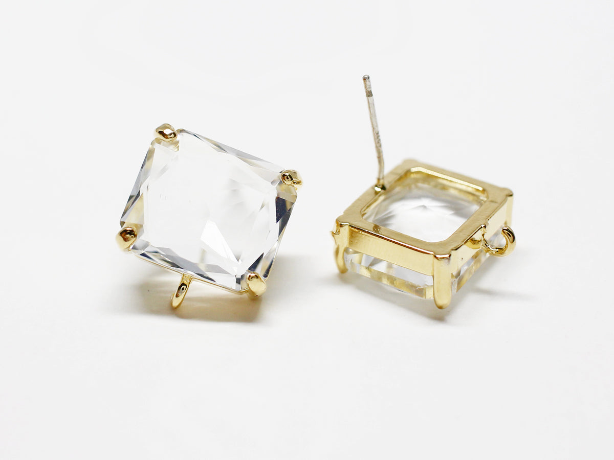 [E0341-1]/1 pair/Large Glass Square Earrings/Brass/Gold plated/14.5x12mm