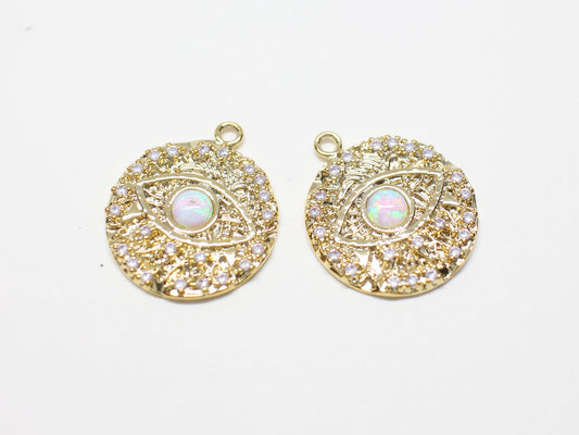 [P0865-1]2pcs/White Opal  evil eye Pendant/Brass/Gold/14mm