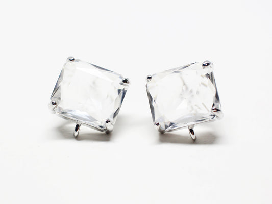 [E0341-1]/1 pair/Large Glass Square Earrings/Brass/Rhodium plated/14.5x12mm