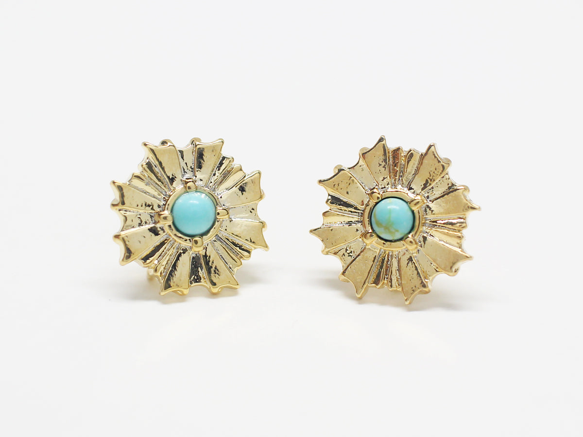 [E0347]/1 pair/Vintage Turquoise Medal Earrings /Brass/Gold plated/11x11.5mm