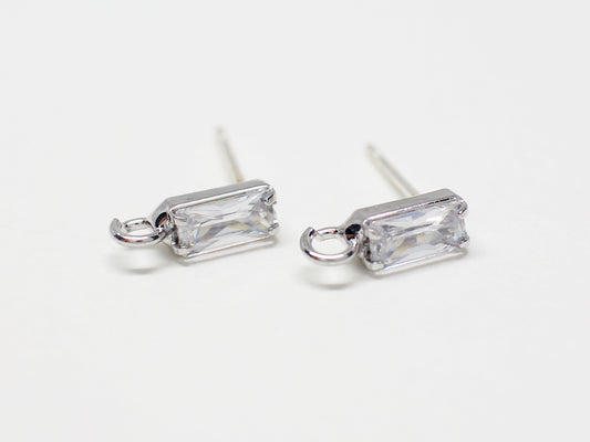 [E0348]/1 pair/Mini Square Cut Cubic Earrings /Brass/Rhodium plated/10x3mm