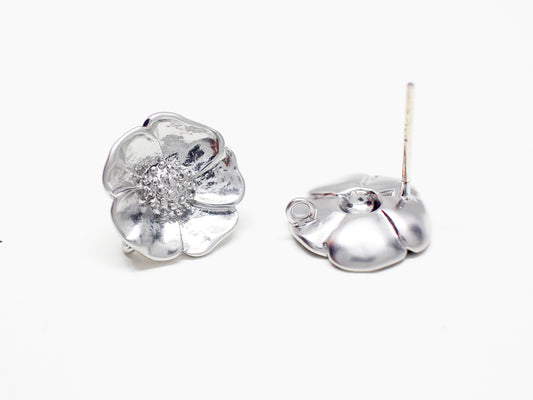 [E0361]/1 pair/Large Flower Earrings/Brass/Matte Rhodium plated/11.5mm