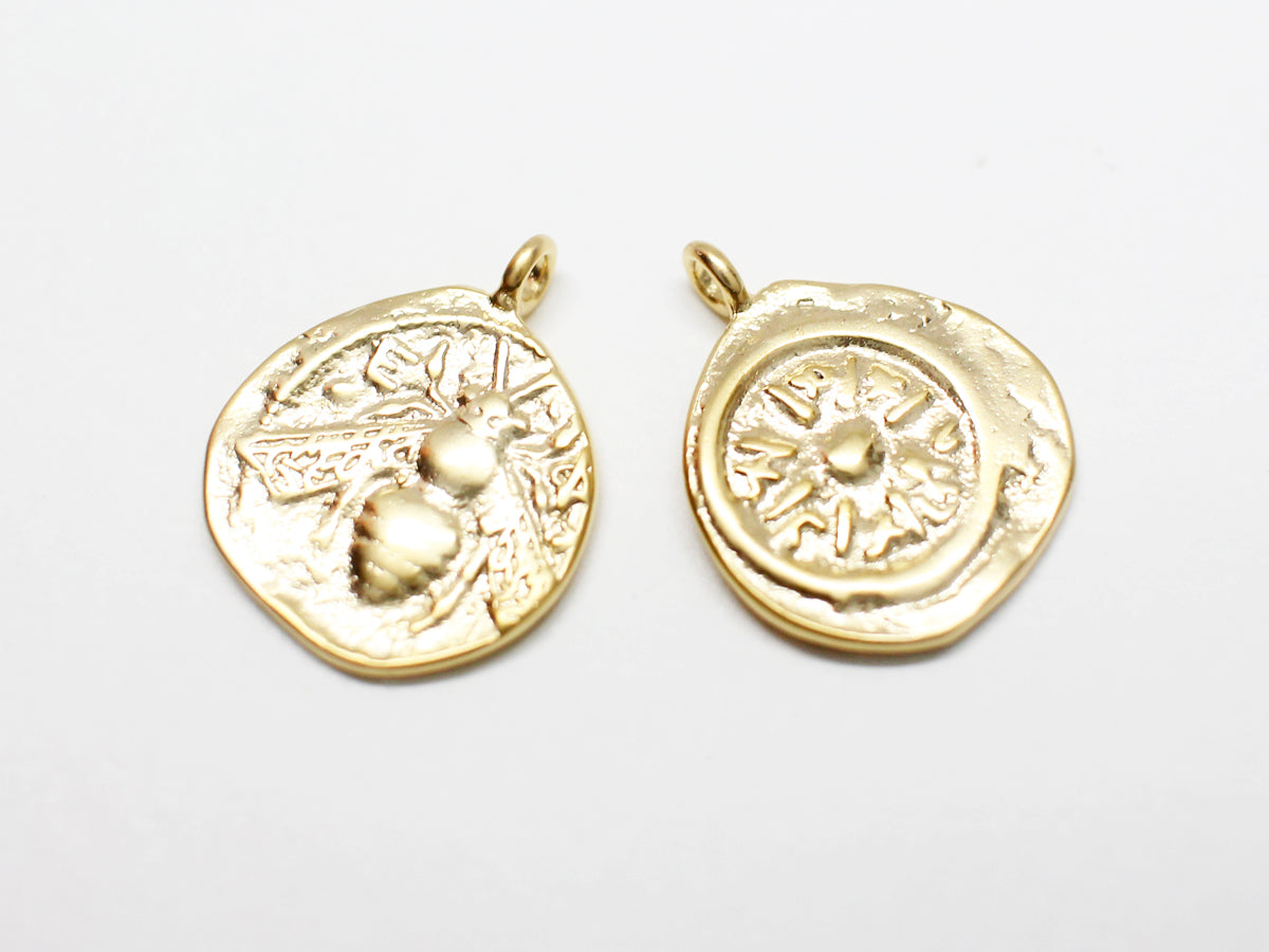 [P0997]2pcs/TVintage Bee and Sun Pendant/Brass/Matte Gold/16.5x13.1mm