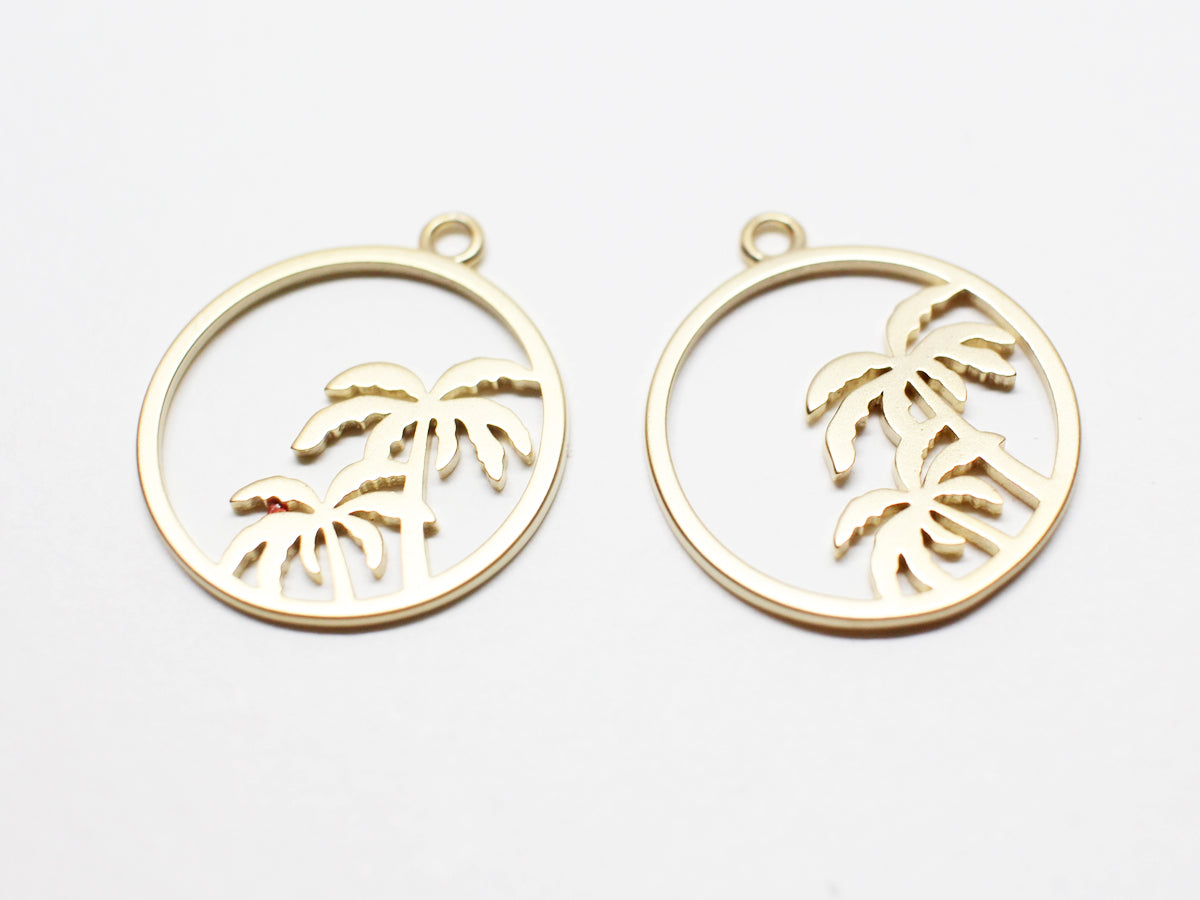 [P0999]2pcs/Circle Palm Tree Pendant/Brass/Matte Gold/17.5mm