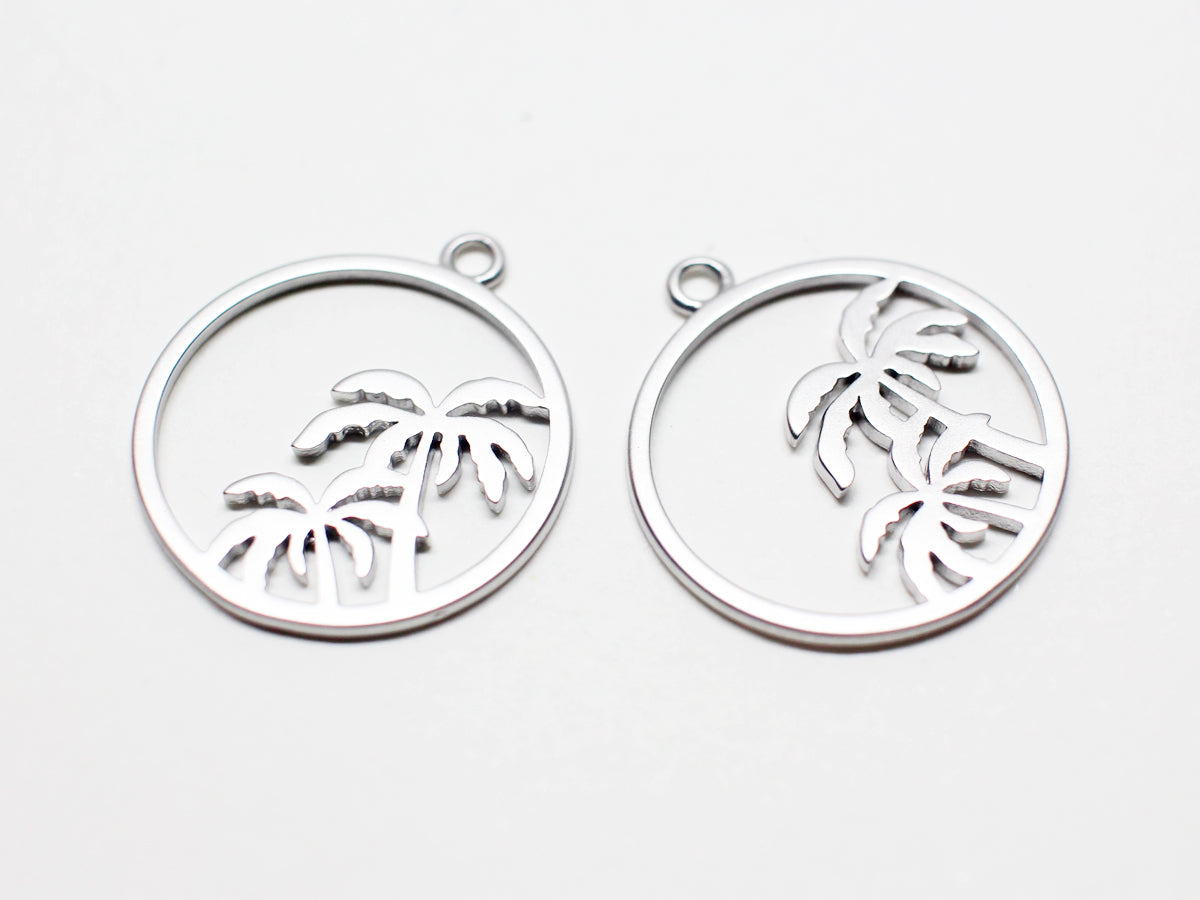 [P0999]2pcs/Circle Palm Tree Pendant/Brass/Matte Rhodium/17.5mm