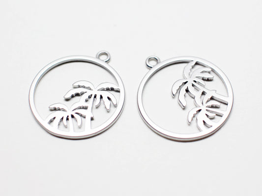 [P0999]2pcs/Circle Palm Tree Pendant/Brass/Matte Rhodium/17.5mm