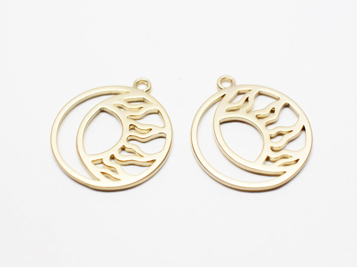 [P1000]2pcs/Circle Sun and Moon Pendant/Brass/Matte Gold/17.5mm