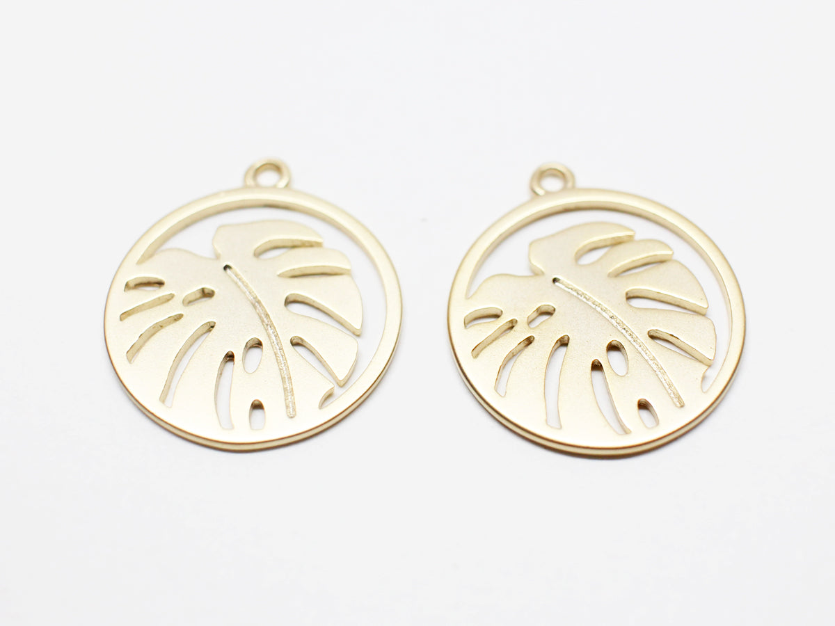 [P1001]2pcs/Circle Monstera Pendant/Brass/Matte Gold/17.5mm