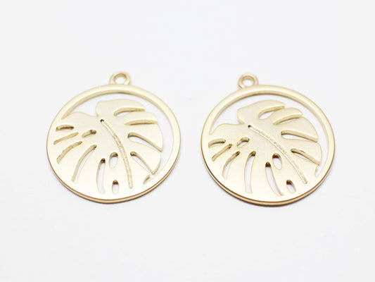 [P1001]2pcs/Circle Monstera Pendant/Brass/Matte Gold/17.5mm