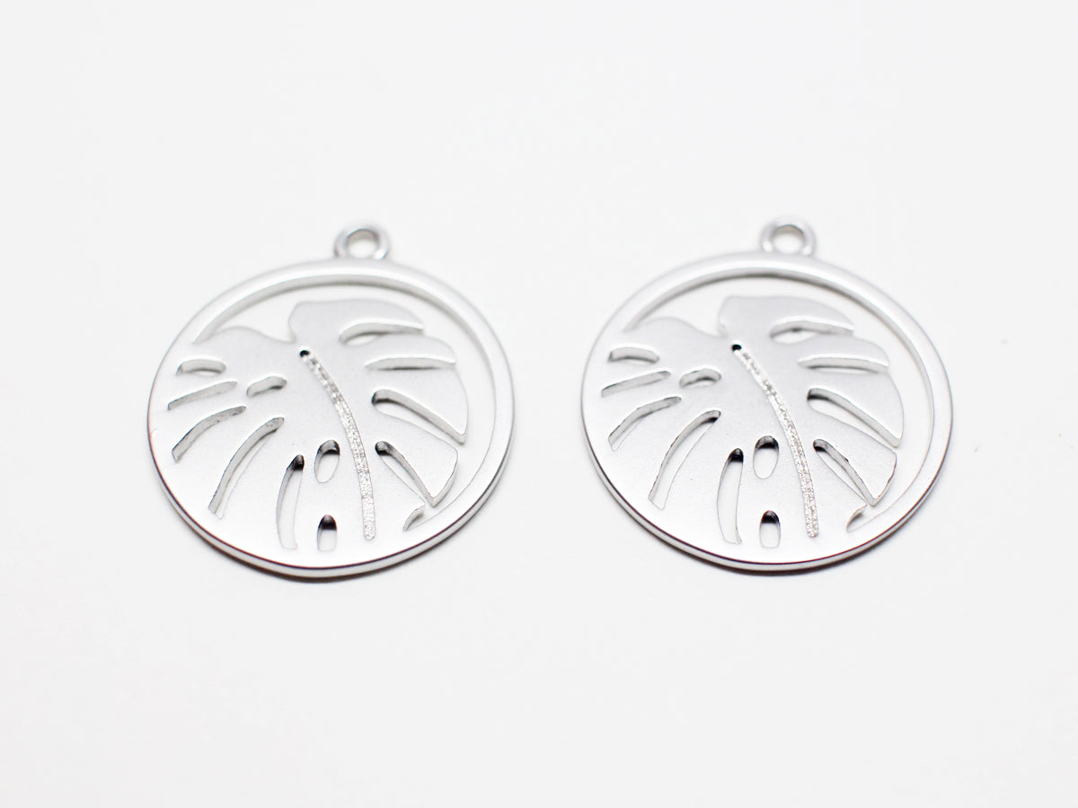 [P1001]2pcs/Circle Monstera Pendant/Brass/Matte Rhodium/17.5mm