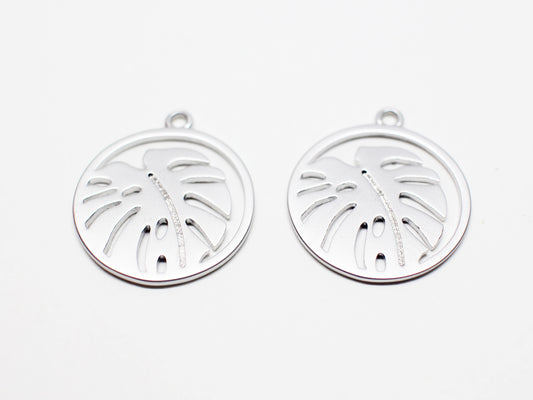 [P1001]2pcs/Circle Monstera Pendant/Brass/Matte Rhodium/17.5mm