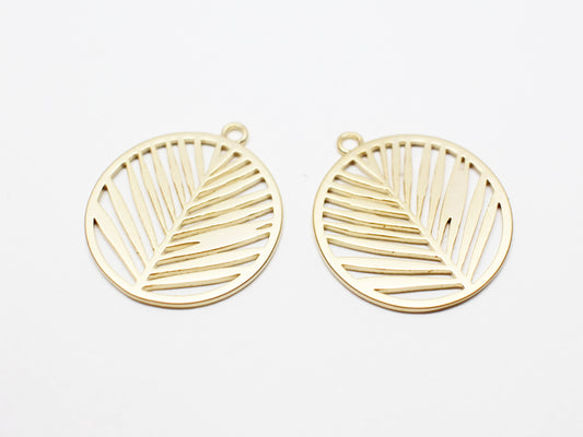 [P1002]2pcs/Circle Areca Palm Plants Pendant/Brass/Matte Gold/17.5mm