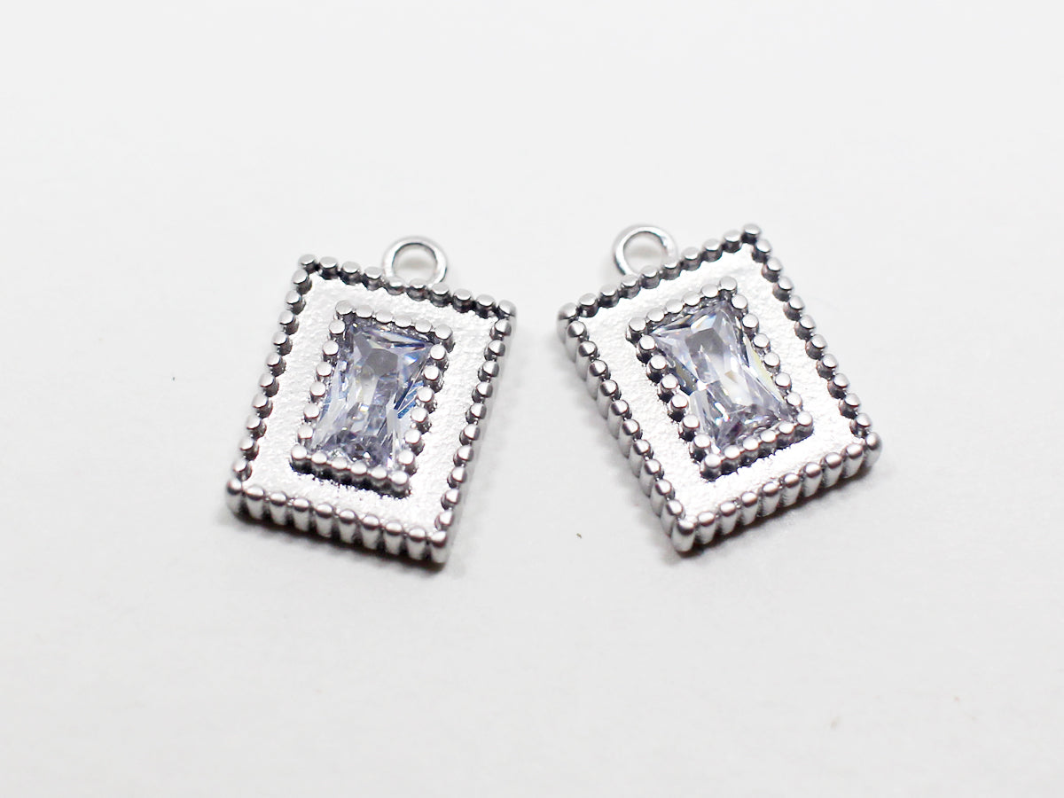 [P1004-2]2pcs/Double Layered Cubic Rectangle Pendant/Brass/Matte Rhodium/11x7.6mm