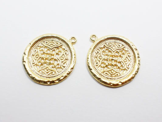 [P1005]2pcs/Vintage Mesh Circle Pendant/Brass/Matte Gold/20mm