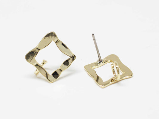 [E0370]/1 pair/Hammered Open Square Earrings/Brass/Gold plated/11.5x11mm