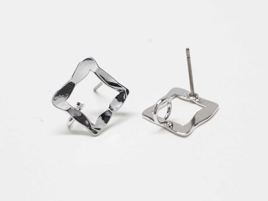 [E0370]/1 pair/Hammered Open Square Earrings/Brass/Rhodium plated/11.5x11mm