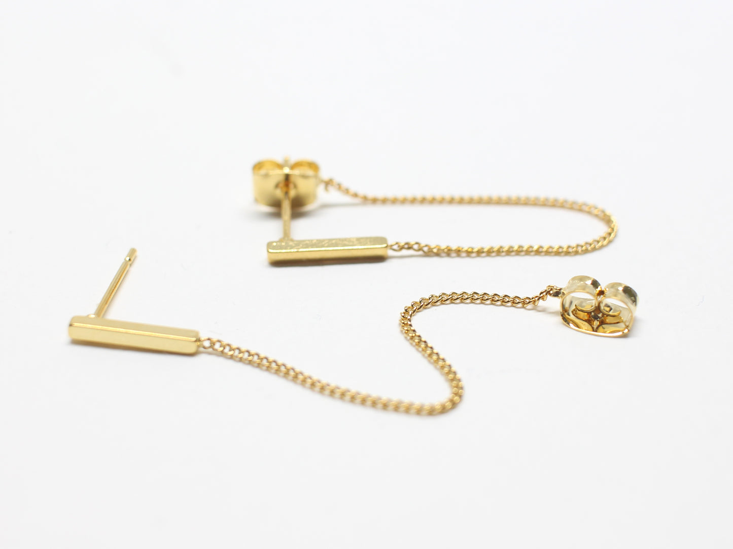 [E0375]/1 pair/Square bar earrings with soldered chain clutch/Brass/Gold plated/1.5x10mm+5cm chain