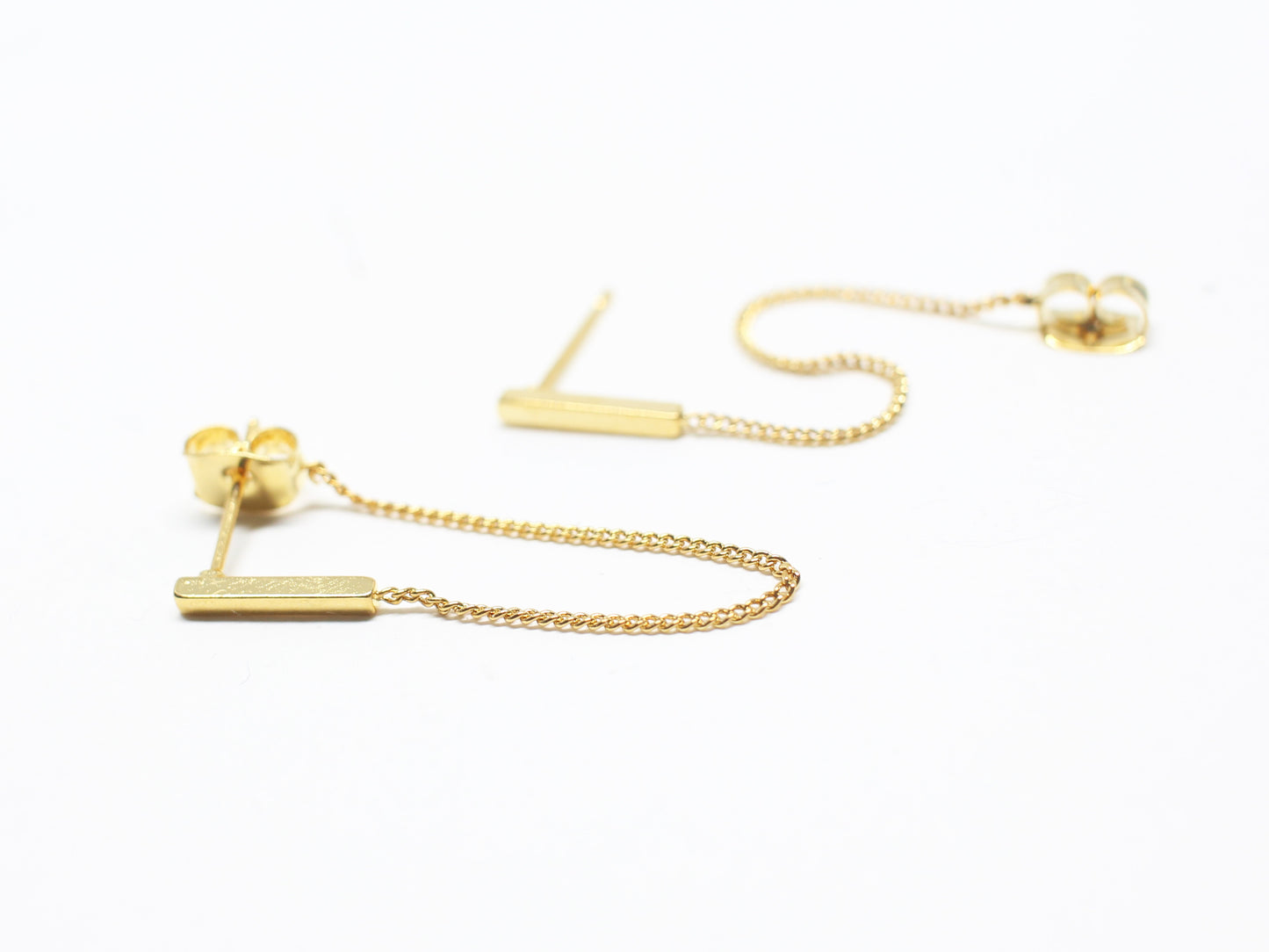 [E0375]/1 pair/Square bar earrings with soldered chain clutch/Brass/Gold plated/1.5x10mm+5cm chain