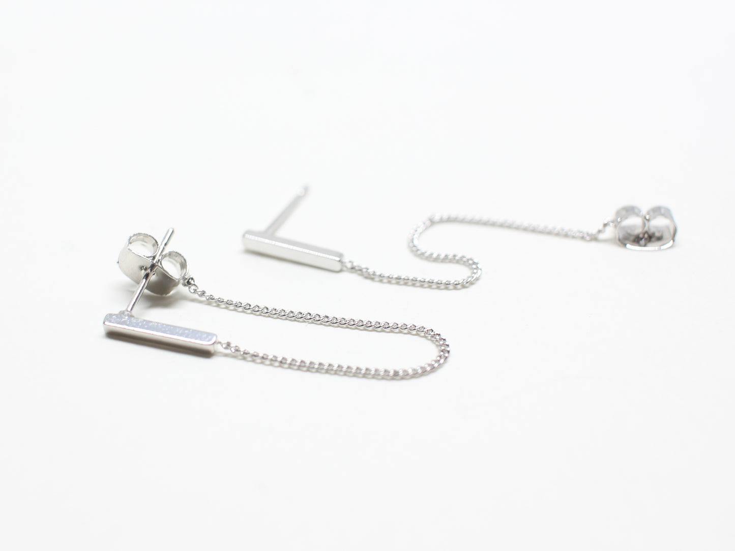 [E0375]/1 pair/Square bar earrings with soldered chain clutch/Brass/Rhodium plated/1.5x10mm+5cm chain