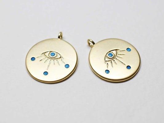 [P1032]2pcs/Turquoise Evil eye pendant/Brass /Matte Gold/ 14mm