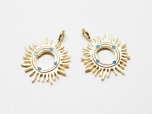 [P1038]2pcs/Turquoise Sun charms/Brass/Matte Gold/14mm