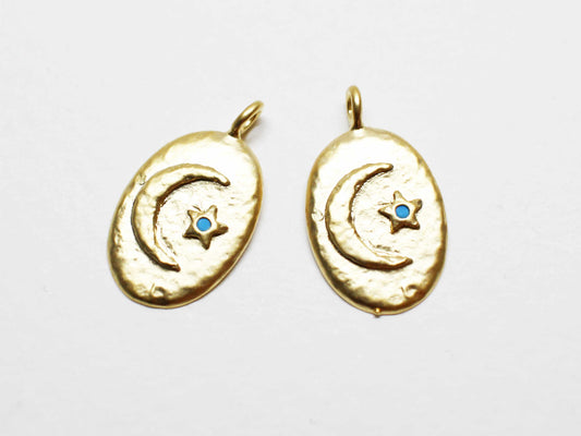 [P1042]2pcs/Turquoise star and crescent pendant/Brass/Matte Gold/17x10mm