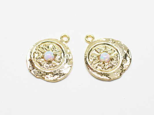 [P1054]2pcs/Vintage Coin Opal Pendant/Brass/Gold/13.5mm