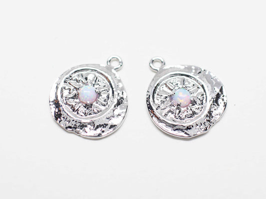 [P1054]2pcs/Vintage Coin Opal Pendant/Brass/Rhodium/13.5mm